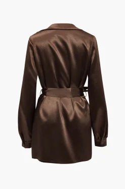 MICAS Long Sleeve Dresses|Mini Dresses-Solid Tie Front Draped Cowl Neck Belted Mini Dress