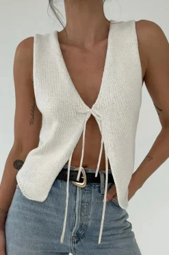 MICAS Knitwear-Solid Tie Front Knit Vest WHITE