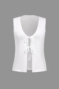 MICAS Knitwear-Solid Tie Front Knit Vest WHITE
