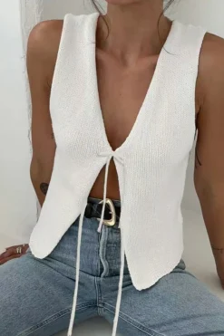 MICAS Knitwear-Solid Tie Front Knit Vest WHITE