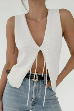 MICAS Knitwear-Solid Tie Front Knit Vest WHITE
