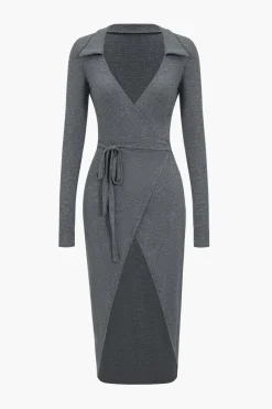 MICAS Long Sleeve Dresses|Midi Dresses-Solid Tie Front Long Sleeve Midi Dress GRAY