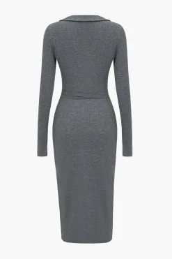 MICAS Long Sleeve Dresses|Midi Dresses-Solid Tie Front Long Sleeve Midi Dress GRAY