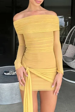 MICAS Mini Dresses|Long Sleeve Dresses-Solid Tie Front Off Shoulder Mini Dress