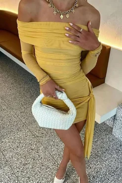 MICAS Mini Dresses|Long Sleeve Dresses-Solid Tie Front Off Shoulder Mini Dress