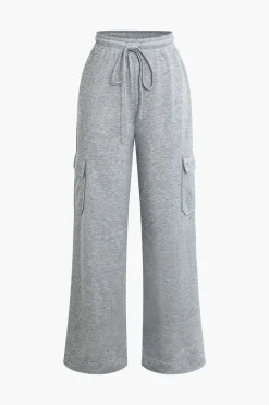 MICAS Pants-Solid Tie Front Shirred Waistband Pocket Drawstring Trousers LIGHT GRAY