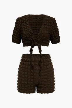 MICAS Short Sets-Solid Tie Front Top And Shorts Set COFFEE