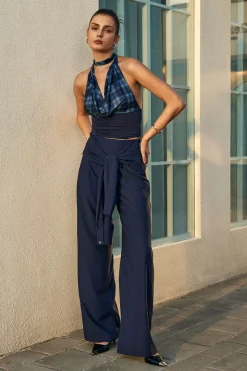 MICAS Pants-Solid Tie Front Trousers DARK BLUE