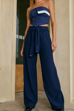 MICAS Pants-Solid Tie Front Trousers DARK BLUE