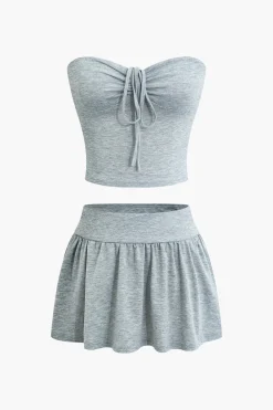 MICAS Skirt Sets-Solid Tie Ruched Mini Skirt Set LIGHT GRAY