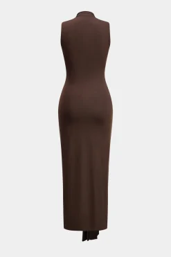 MICAS Maxi Dresses-Solid Tie Sleeveless Maxi Dress COFFEE