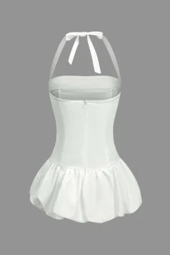 MICAS Mini Dresses-Solid Tie-Up Halter Neck Puff Mini Dress