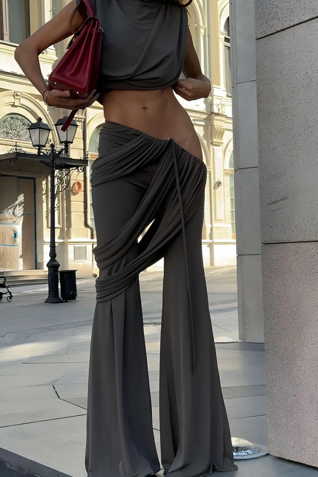 MICAS Pant Sets-Solid Top And Asymmetrical Drawstring Flared Trouser Set