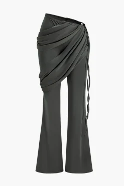 MICAS Pant Sets-Solid Top And Asymmetrical Drawstring Flared Trouser Set