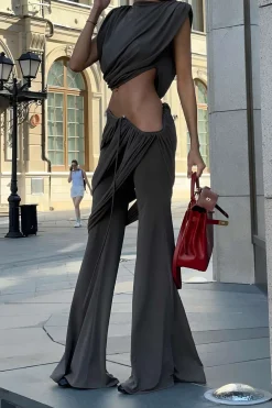 MICAS Pant Sets-Solid Top And Asymmetrical Drawstring Flared Trouser Set