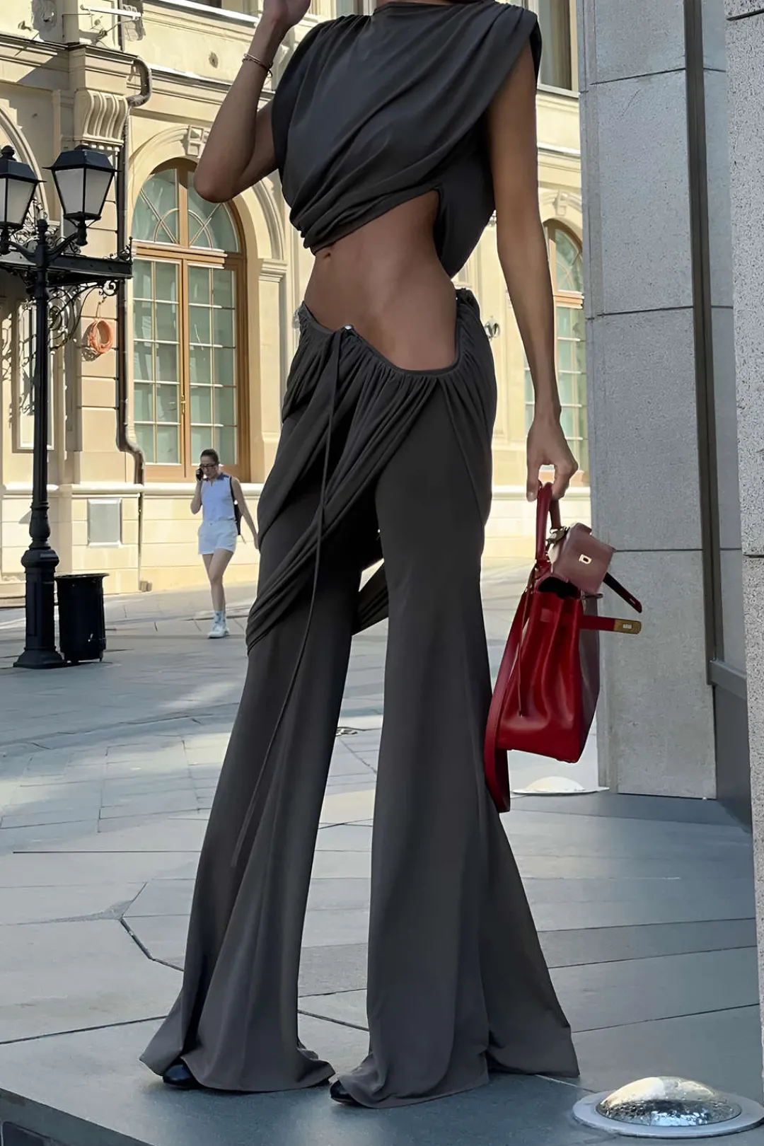 MICAS Pant Sets-Solid Top And Asymmetrical Drawstring Flared Trouser Set