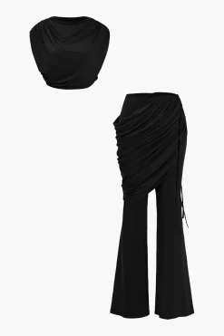 MICAS Pant Sets-Solid Top And Asymmetrical Drawstring Flared Trouser Set