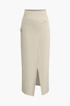 MICAS Skirt Sets-Solid Tube Top And Wrap Split Midi Skirt Set BEIGE