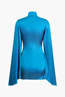 MICAS Long Sleeve Dresses|Mini Dresses-Solid Turtleneck Bell Sleeve Ruched Mini Dress BLUE