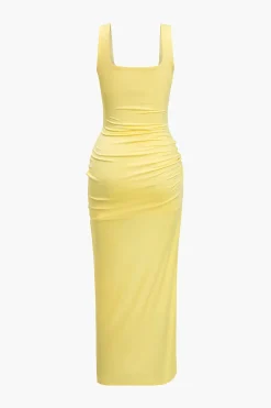 MICAS Midi Dresses-Solid Twist Front Cut Out Slit Midi Dress