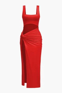 MICAS Midi Dresses-Solid Twist Front Cut Out Slit Midi Dress