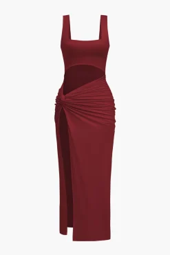 MICAS Midi Dresses-Solid Twist Front Cut Out Slit Midi Dress