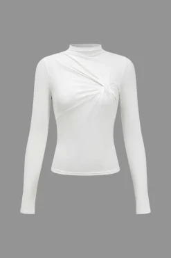 MICAS Long Sleeve Tops|Long Sleeves Tops-Solid Twist Knot Long-Sleeve Top WHITE