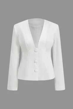 MICAS Outerwear|Outerwear-Solid V-neck Button Blazer WHITE