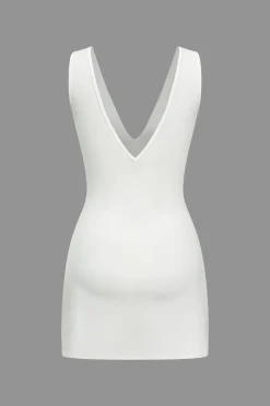 MICAS Mini Dresses-Solid V-neck Fake Pocket Mini Dress WHITE