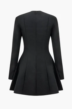 MICAS Long Sleeve Dresses|Mini Dresses-Solid V-neck Fake Pockets And Zipper Mini Dress