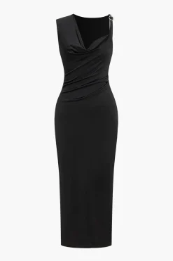 MICAS Midi Dresses-Solid V-Neck Irregular Midi Dress BLACK