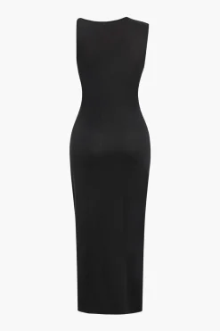 MICAS Midi Dresses-Solid V-Neck Irregular Midi Dress BLACK