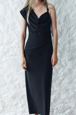 MICAS Midi Dresses-Solid V-Neck Irregular Midi Dress BLACK