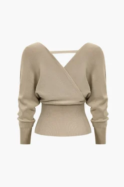 MICAS Knitwear|Knit Tops-Solid V-neck Sweater Long-Sleeve Top