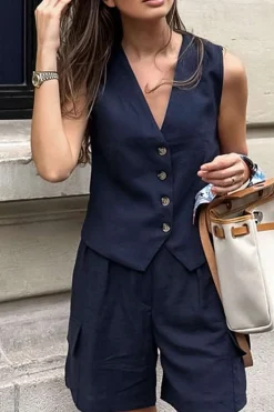 MICAS Short Sets-Solid V-neck Vest And Shorts Set NAVY