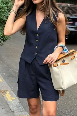 MICAS Short Sets-Solid V-neck Vest And Shorts Set NAVY