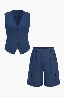 MICAS Short Sets-Solid V-neck Vest And Shorts Set NAVY