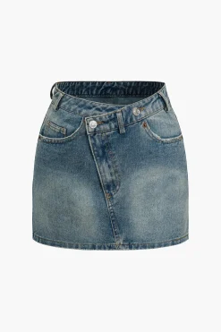 MICAS Skirts-Solid Washed Pocket Zipper Denim Skirt LIGHT WASH BLUE