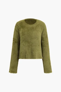 MICAS Knitwear|Knit Tops-Solid Wool Blend Long Sleeve Sweater Top OLIVE