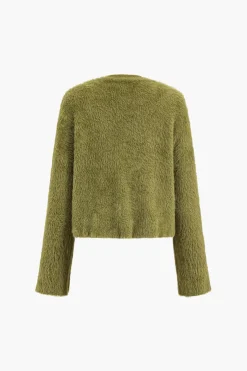 MICAS Knitwear|Knit Tops-Solid Wool Blend Long Sleeve Sweater Top OLIVE