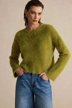 MICAS Knitwear|Knit Tops-Solid Wool Blend Long Sleeve Sweater Top OLIVE