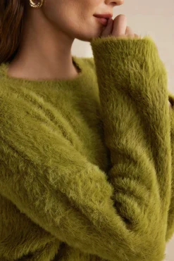 MICAS Knitwear|Knit Tops-Solid Wool Blend Long Sleeve Sweater Top OLIVE