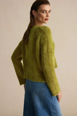 MICAS Knitwear|Knit Tops-Solid Wool Blend Long Sleeve Sweater Top OLIVE