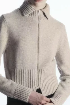 MICAS Outerwear|Knitwear-Solid Wool Zipper Cardigan TAN