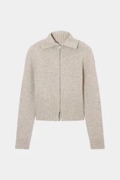 MICAS Outerwear|Knitwear-Solid Wool Zipper Cardigan TAN