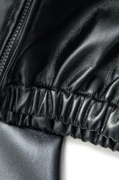 MICAS Outerwear|Outerwear-Solid Zipper Hooded Faux Leather Jacket BLACK