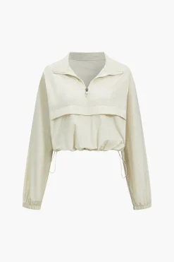 MICAS Long Sleeve Tops|Long Sleeves Tops-Solid Zipper Stand Collar Sports Long-Sleeve Top IVORY