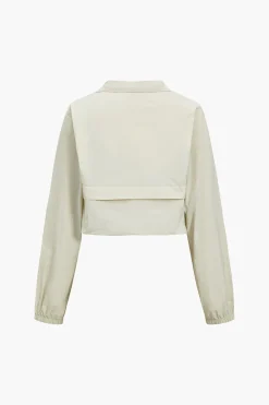 MICAS Long Sleeve Tops|Long Sleeves Tops-Solid Zipper Stand Collar Sports Long-Sleeve Top IVORY