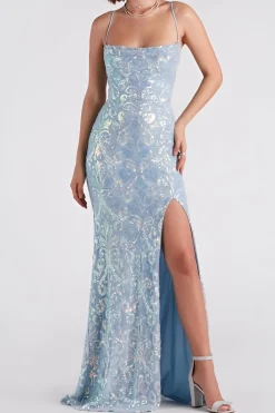 MICAS Maxi Dresses-Spaghetti Strap Embellished Split Maxi Dress SKY BLUE