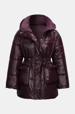 MICAS Outerwear|Outerwear-Stand Collar Zipper Hooded Puffer BURGUNDY